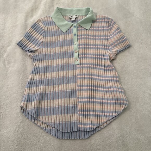 Frayed Denim Alissa Ribbed Collared Top Short Sleeve Stripes Preppy Size Large - Picture 1 of 14